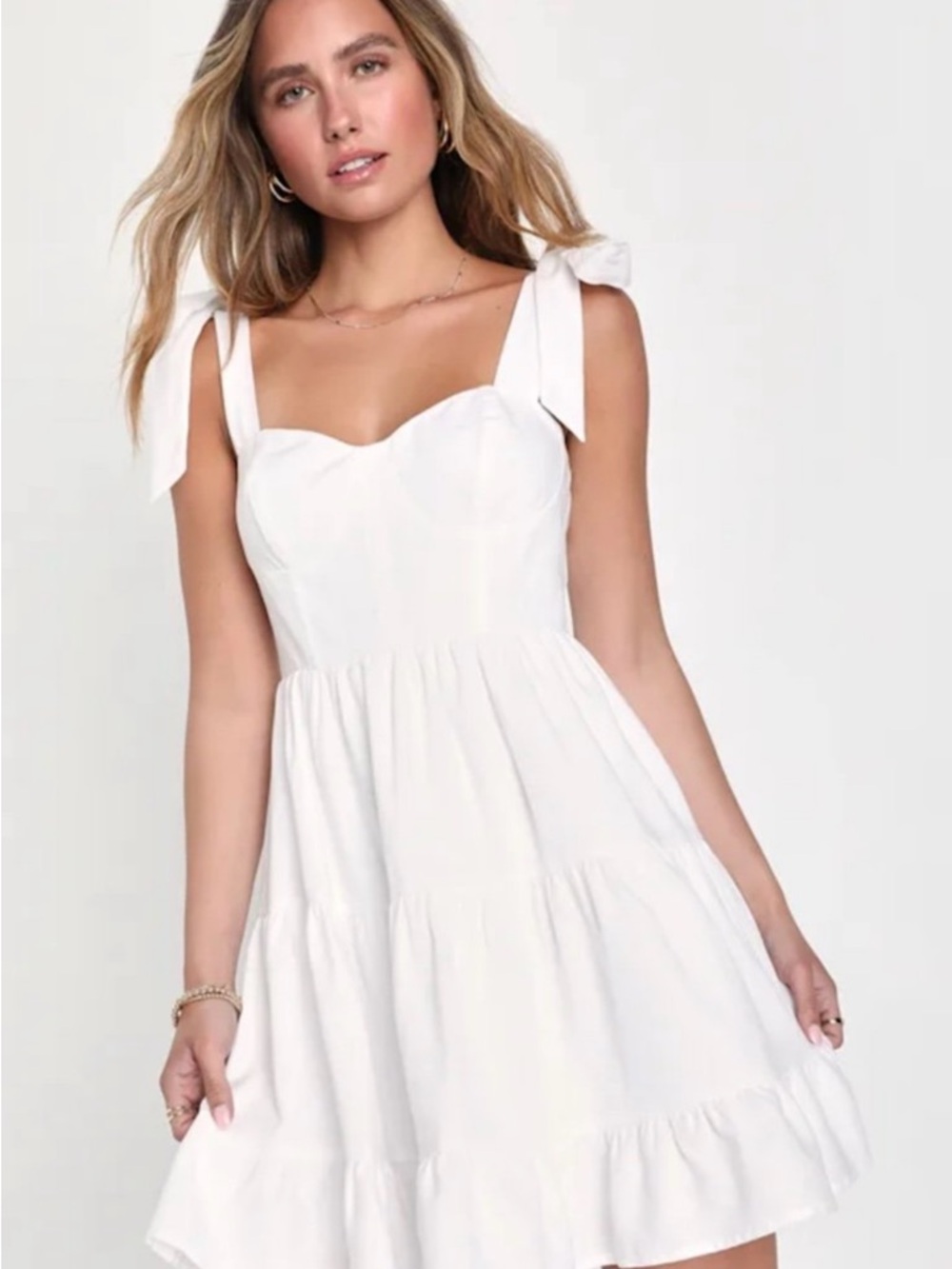 Lulus tier-ly delightful White tie-strap tiered bustier mini dress